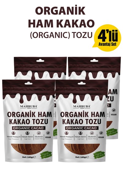 Mahbuba Life Organik Ham Kakao Tozu 4x140gr - Katkısız - Glutensiz (PESTİSİT KADMİYUM VE AFLATOKSİN ANALİZLİ)