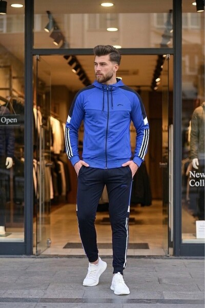 wera Men'S, Blue-Black, Diving Fabric, Stripe Detailed, Hooded Tracksuit Set