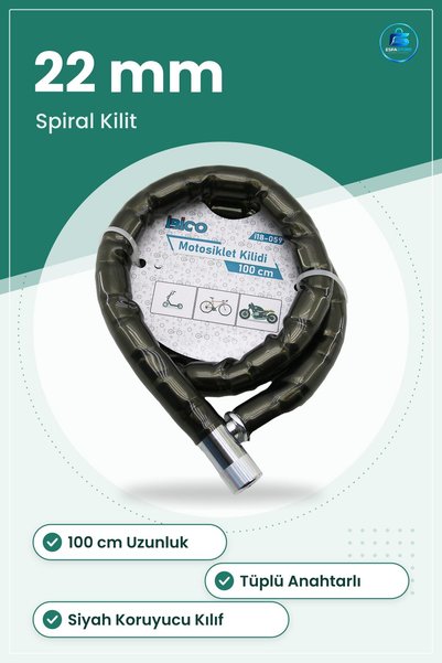 TARER Bisiklet Kilidi Çelik Spiral 22 mm 100 cm Tüplü Anahtarlı Motosiklet Kilit Zincir Siyah Kılıflı