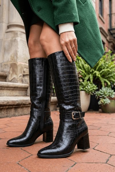 DİVOLYA Sidney Black Crocodile Leather Heeled (7cm) Daily Use Boots with Side...