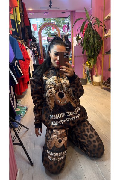 Mercandamoda Leopar Ayıcık Baskılı Taşlı Eşofman Takımı