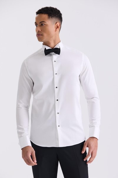Jakamen Beyaz Slim Fit Kol Düğmeli %100 Pamuk Ata Yaka Gömlek