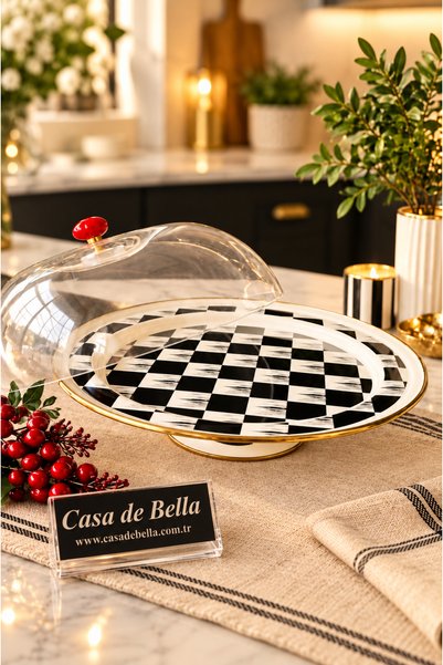 CASA DE BELLA Dama Desenli Emaye Ayaklı Kek Fanusu