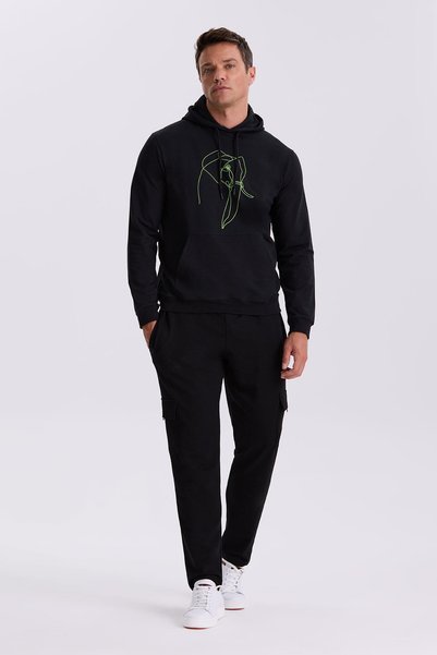 Jakamen Black Slim Fit Hooded Printed 100% Cotton Sweatshirt
