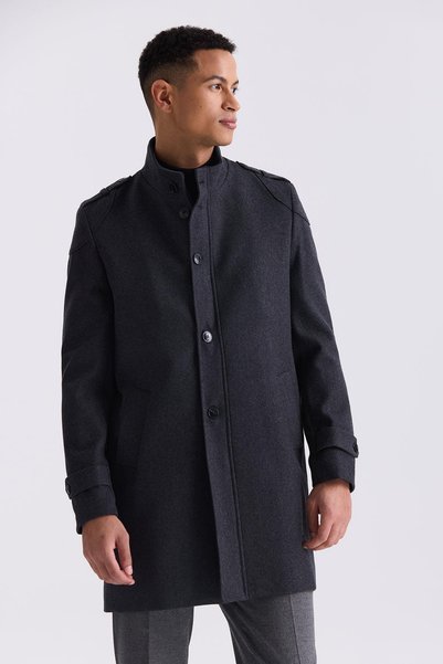 Jakamen Anthracite Regular Fit Judge Collar Epaulette Woolen Stamp Coat