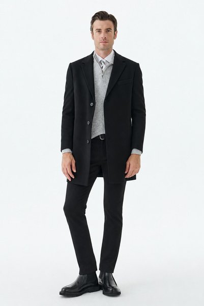 Jakamen Black Comfort Fit Mono Collar Woolen Coat