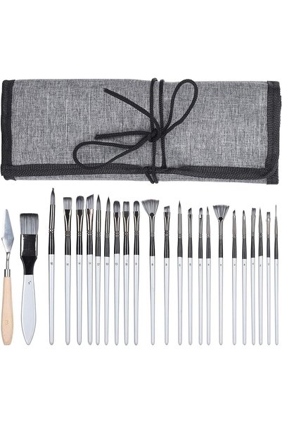 HANNAH 24-Piece Gray Case Oil Paint, Watercolor, and Gouache Brush Set—Synthe...