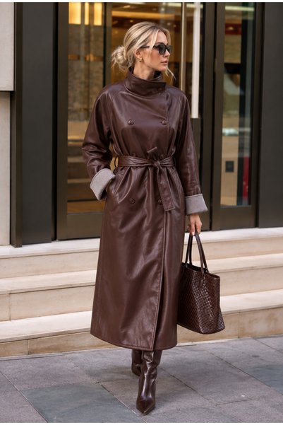 MERİDE Women's Leather Long Lined Trench Coat – Belted, Striped Cuff Detail-9...