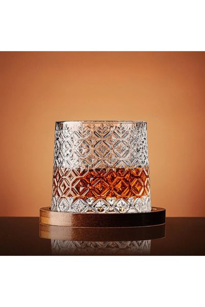 OEM Pahar pentru whisky, Ice Flower, cu baza din lemn, transparent, din sticl...