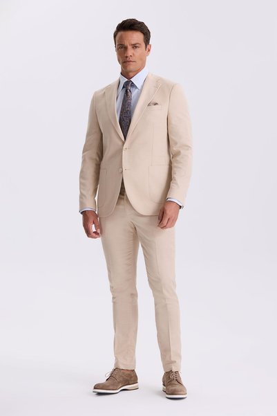 Jakamen Beige Slim Fit Mono Collar Tensel Fabric Double Slit Pocket Suit