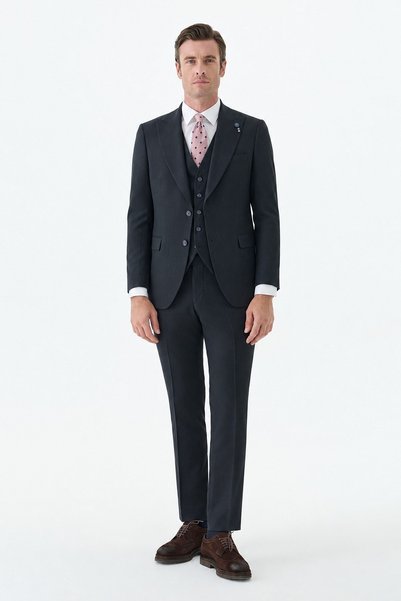 Jakamen Navy Blue Slim Fit Striped Suit with Swallow Collar Vest