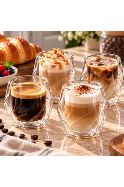 OEM Set de 4 pahare cu perete dublu, cu design răsucit, 200 ml, din sticlă tr...