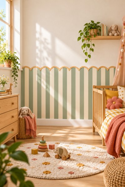 Daphne Sticker Green Striped Wall Sticker + Self-Adhesive Wooden Border |   B...