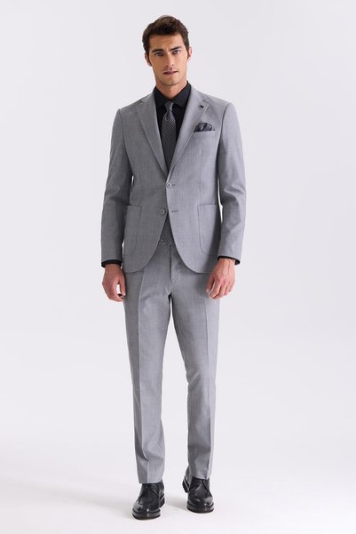 Jakamen Gray Slim Fit Mono Collar Wool Suit