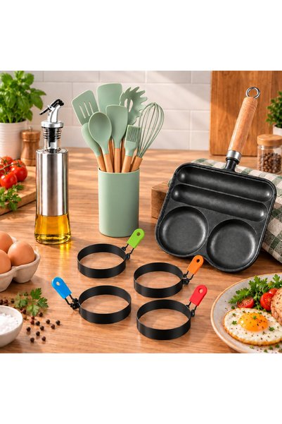 OEM Set cadou pentru gătit, Tigaie din fontă, 4 inele pentru ouă, Set de uste...