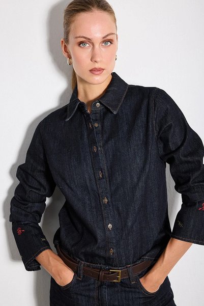Gusto Hayalperest Koleksiyonu Kolları Nakış Detaylı Denim Gömlek - Lacivert
