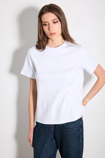 Gusto Bisiklet Yaka Kısa Kollu İnterlok Örme Pamuk Tshirt - Beyaz