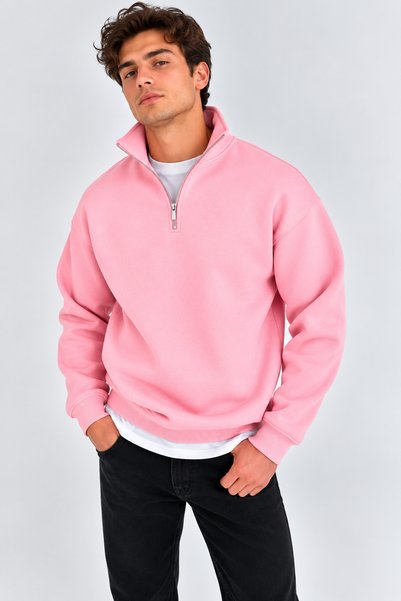 İLKCET MODA Pink Oversize Unisex Sweatshirt with Zipper