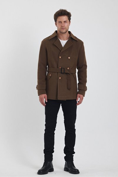 TREND KOMBİN Men's Brown Double Breasted Collar Slim Fit Stamp Coat