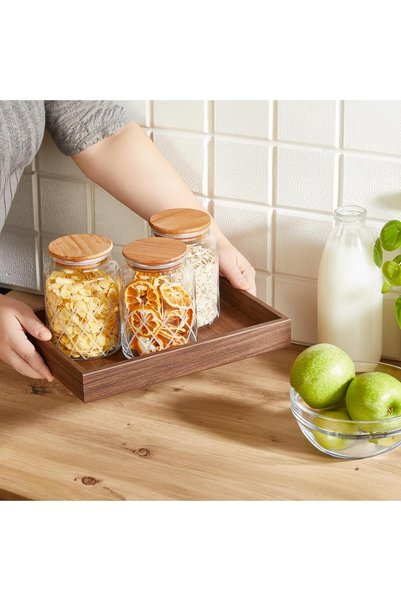 SELKA HOME - 3'lü Kesme Detaylı Ahşap Kapak Kavanoz 890 ML
