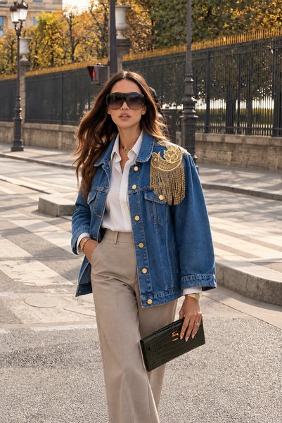 GZ Design Gold Detaylı Koyu Renk Kısa Jean Ceket