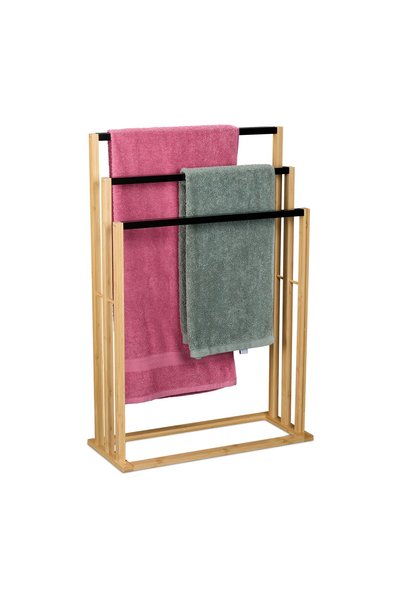 Relaxdays Suport pentru prosoape, cu 3 bare negre, din bambus, 82 x 55 x 24 cm