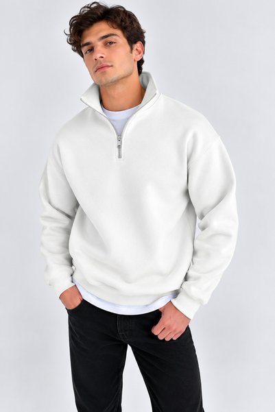 İLKCET MODA Λευκό φούτερ με φερμουάρ Oversize Unisex