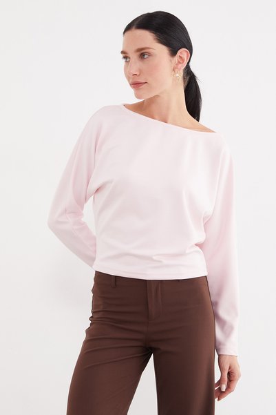 Fulla Moda Basic Kayık Yaka Yarasa Kol Modal Bluz
