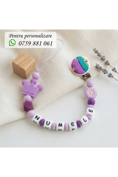 OEM Lantisor pentru suzeta, personalizat cu numele bebelusului, COROANA MOV