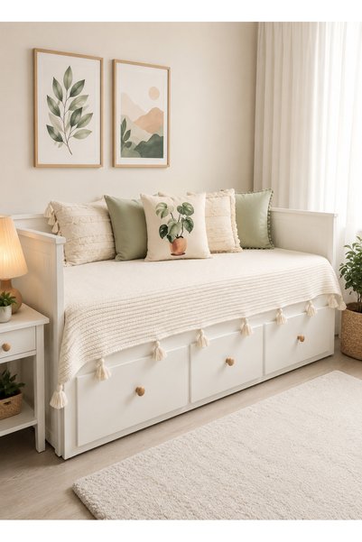 Divanest Püsküllü İskandinav Hemnes Divan Örtüsü Örgü Pike, Yatak Örtüsü Ekru