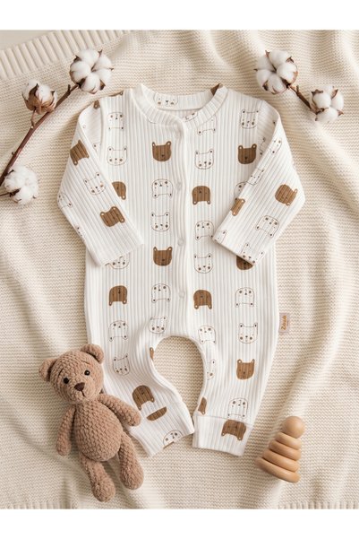 Zıbzıb baby %100 Pamuk Ribanalı Sevimli Ayıcık Desenli Uzun Kollu Çıtçıtlı Un...