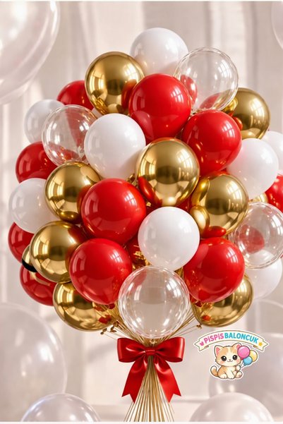 PISPISBALONCUK kırmızı Beyaz metalik Gold şeffaf Konfetili Balon Seti doğum g...
