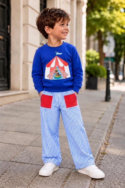 elzo collection Boys' Circus-Printed Sweatshirt and Striped Pants with Pocket...
