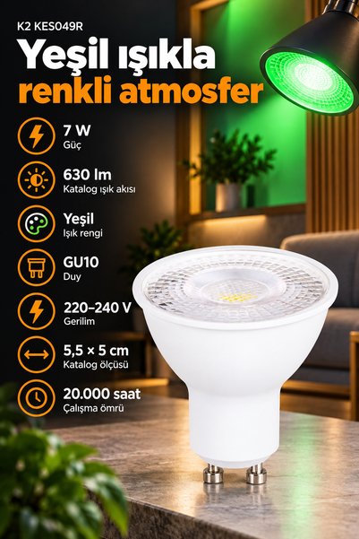 K2 KES049R GU10 LED Spot Ampul 7W Yeşil Işık (Dekoratif & Ambiyans)