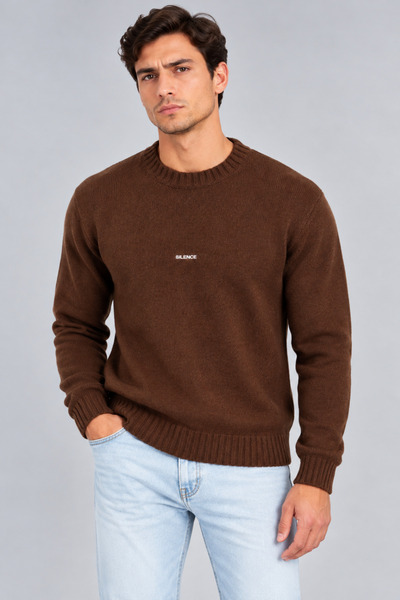 İLKCET MODA Silence Embroidered Brown Men's Regular Sweater