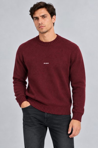 İLKCET MODA Silence Embroidered Burgundy Men's Regular Sweater