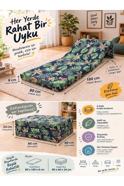 Mor Minder Katlanır Yer Yatağı Tek Kişilik Sünger Minder Yatak 80x180x8cm Gri...