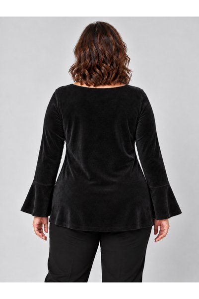 Curvy Trend Büyük Beden Kare Yaka Volan Kol Kadife Bluz
