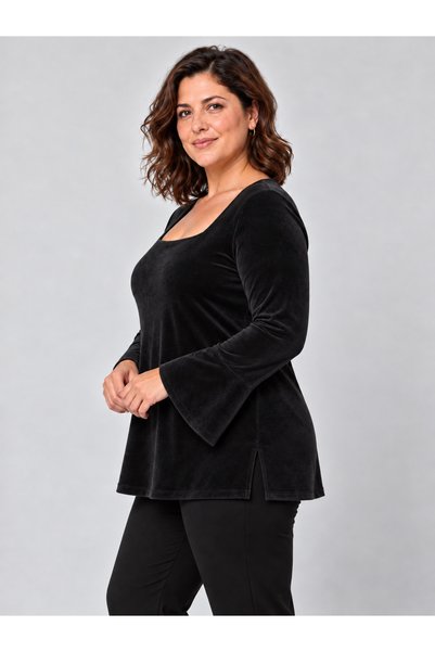 Curvy Trend Büyük Beden Kare Yaka Volan Kol Kadife Bluz