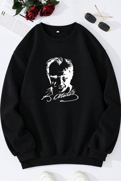 WOODROFFE 10 Kasım Atatürk Baskılı Bisiklet Yaka Oversize Siyah Beyaz Sweatshirt