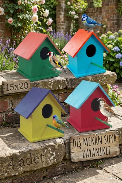 ncy Ahşap Kuş Evi Kuş Yuvası Dış Mekan Suya Dayanıklı 4 Adet 15x15x20 Cm