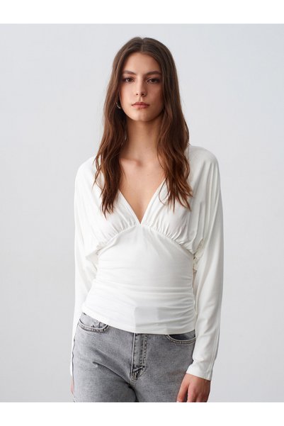 Dilvin 32728 V-Neck Gathered Top