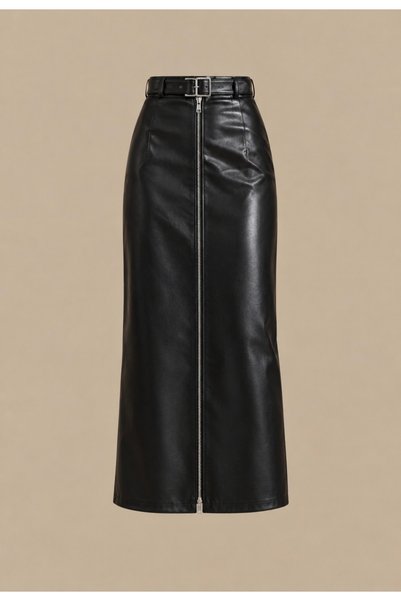 Velmora Leather Hakiki Deri Fermuarlı-Yırtmaçlı-Astarlı Etek Kadın