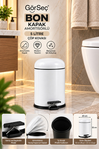 GörSeç Bon Kapak 5 Litre Amortisörlü Beyaz Pedallı Çöp Kovası Hijyenik İç Kov...