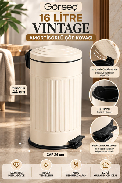GörSeç 16 Litre Krem Vintage Amortisörlü Çöp Kovası Sessiz Yavaş Kapanan Bany...