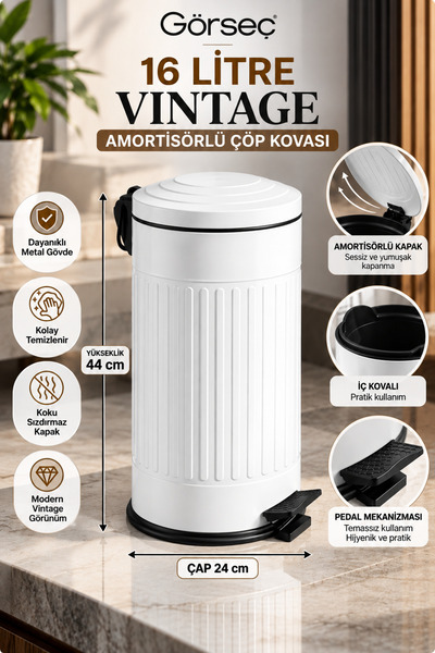 GörSeç 16 Litre Beyaz Vintage Amortisörlü Çöp Kovası Sessiz Yavaş Kapanan Ban...
