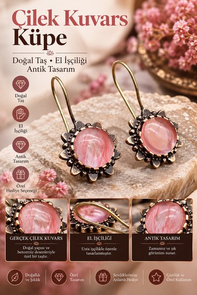 NBS Beautiful Naturel Stones Strawberry Quartz Earrings Handcrafted Natural S...