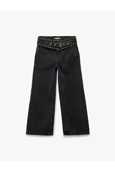Koton Kuşgözü Detaylı Pamuklu Kemerli Geniş Paça Denim Pantolon