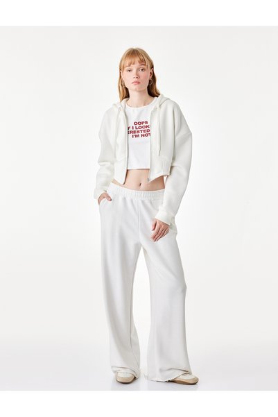 Koton Şardonlu Uzun Kollu Kapüşonlu Korse Detaylı Fermuarlı Crop Sweatshirt