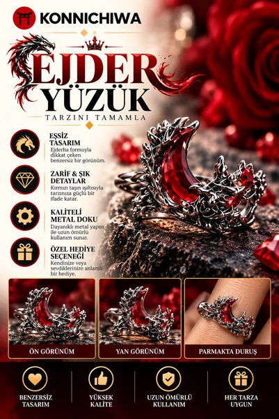 FG KONNİCHİWA Ejder Kırmızı Taşlı UNISEX Yüzük – Gotik Metal Tasarım